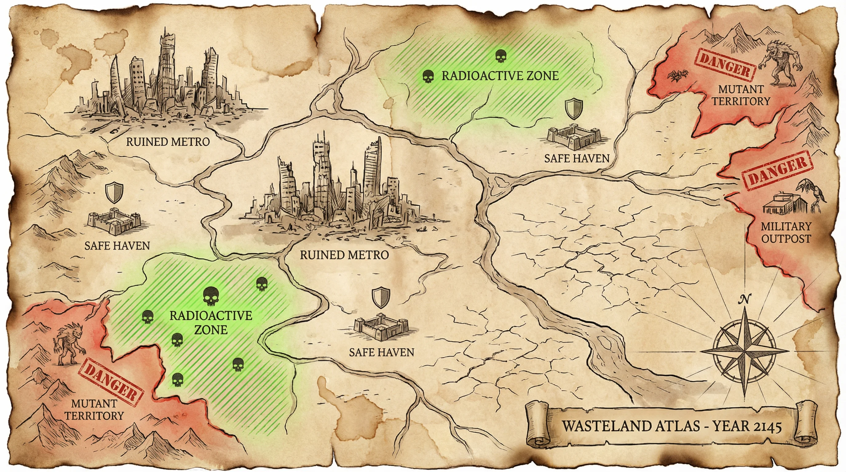 废土世界地图导览，标注了 pg电子 探索区域、安全屋和危险区